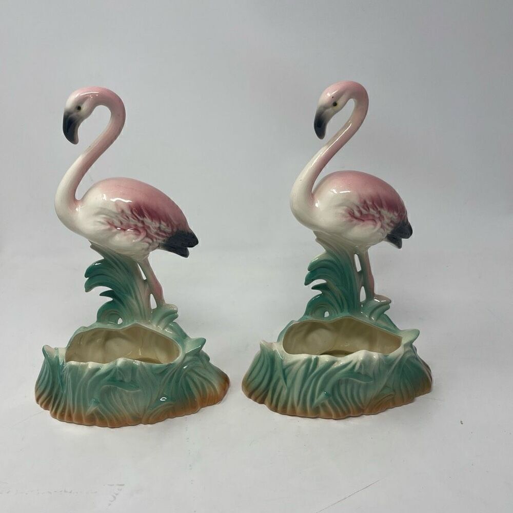 Fabulous 1950s Kitsch FLAMINGO Planter 10" TALL Hand Decorated Made in Japan Set - Picture 4 of 10